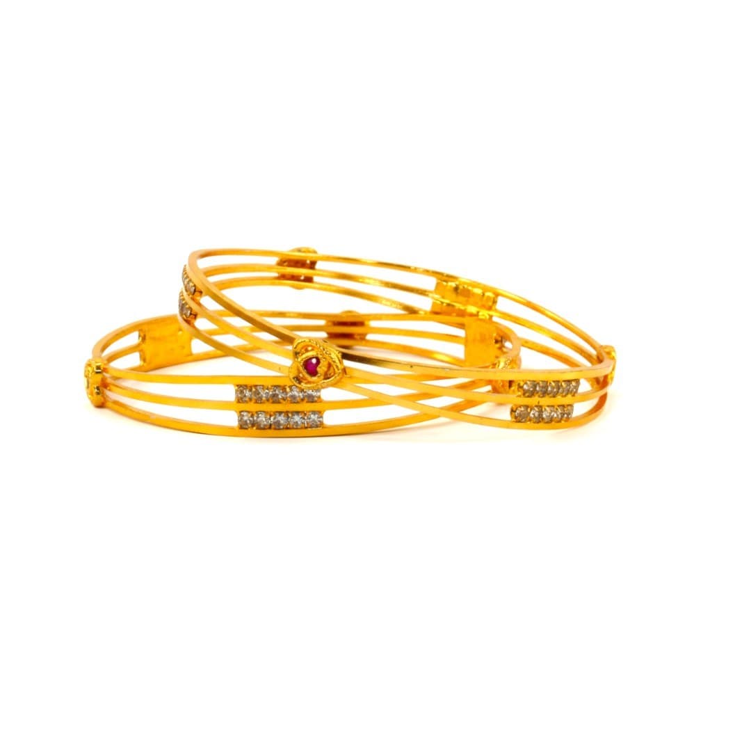 Elegant Gold-Plated Triple Band Bangles with Red and White Stones