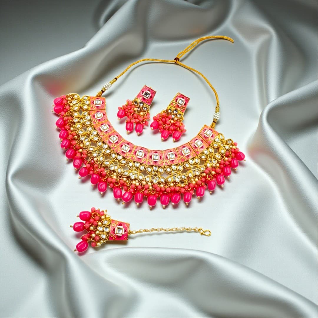 Shineora Pink Kundan Meenakari Bridal Necklace Set - 4