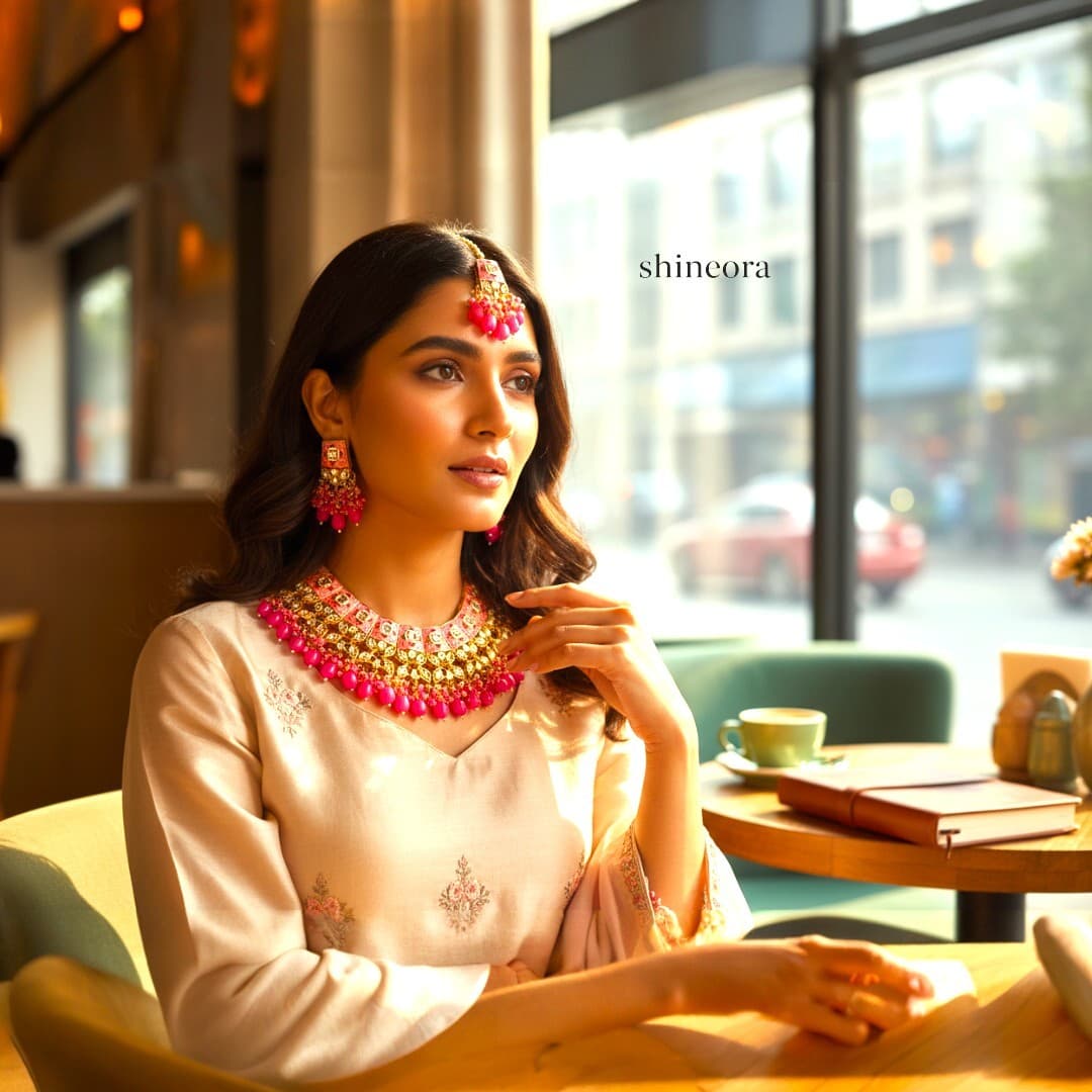 Shineora Pink Kundan Meenakari Bridal Necklace Set - 3