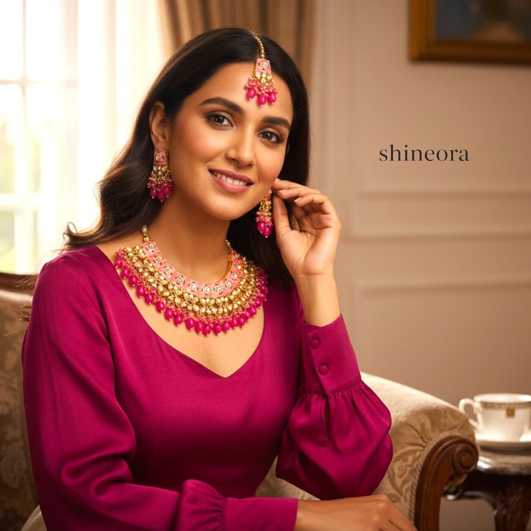 Shineora Pink Kundan Meenakari Bridal Necklace Set