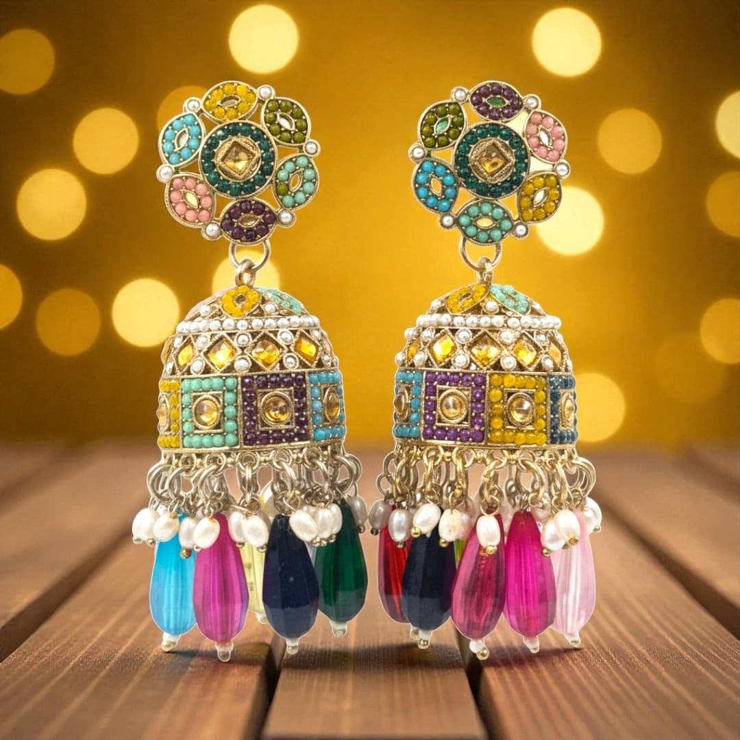 Noor-E-Rang Jhumka – Multicolor Kundan & Pearl Drop Earrings