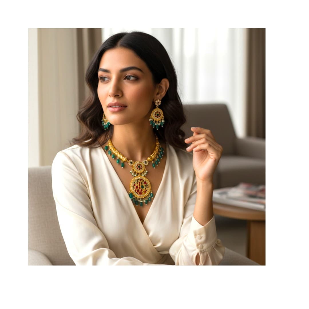 Regal Meenakari Emerald Drop Necklace Set