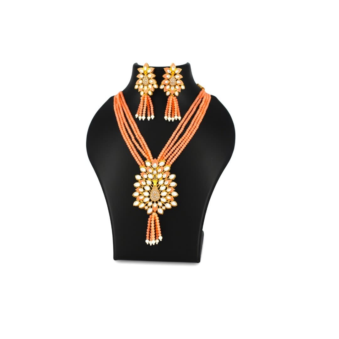 Peach Radiance Kundan Beads Necklace Set - 3