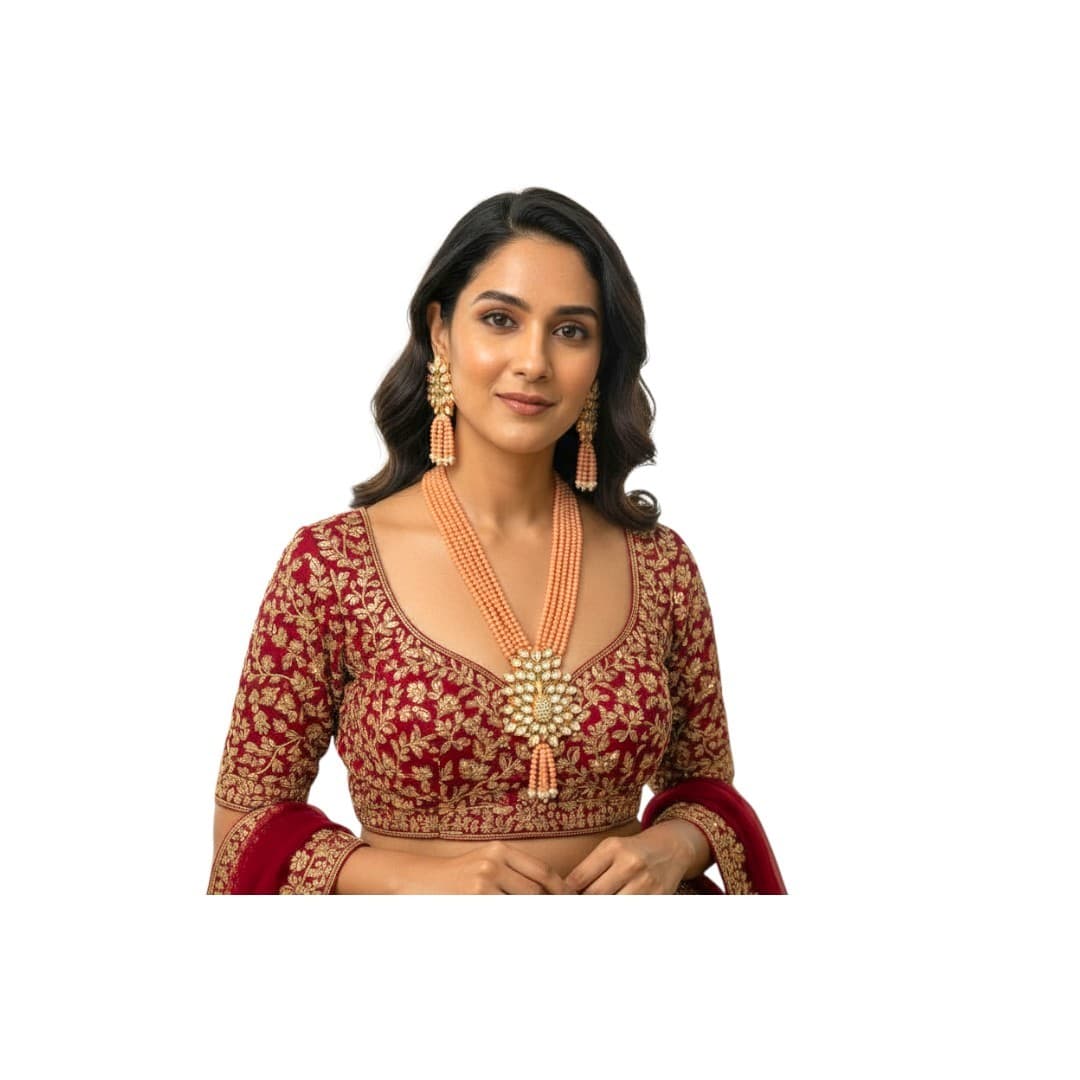 Peach Radiance Kundan Beads Necklace Set - 4