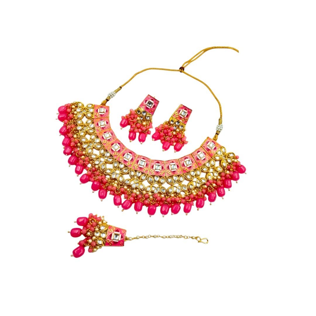 Shineora Pink Kundan Meenakari Bridal Necklace Set