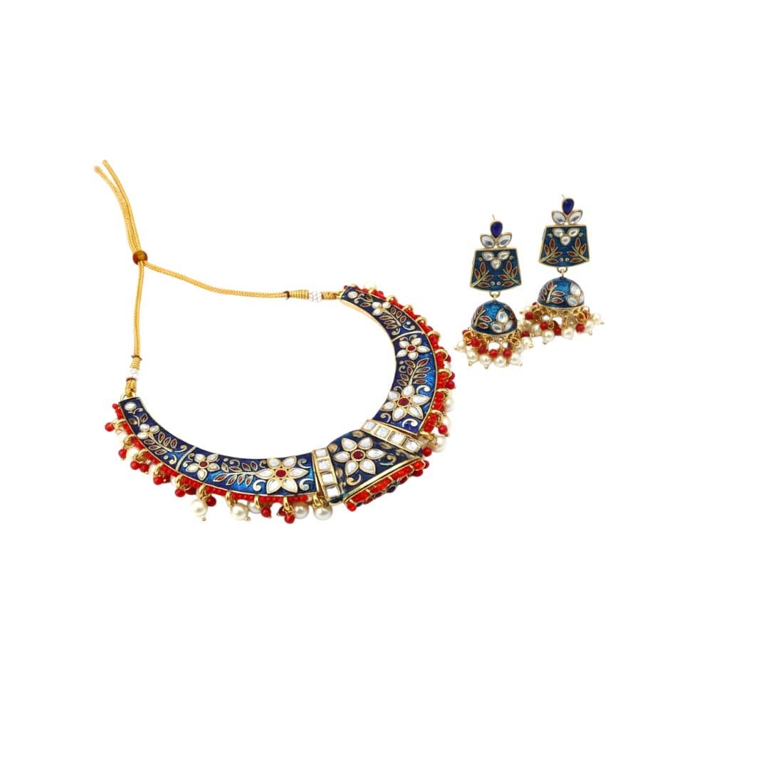 Royal Blue Meenakari Kundan Necklace & Earring Set - 5