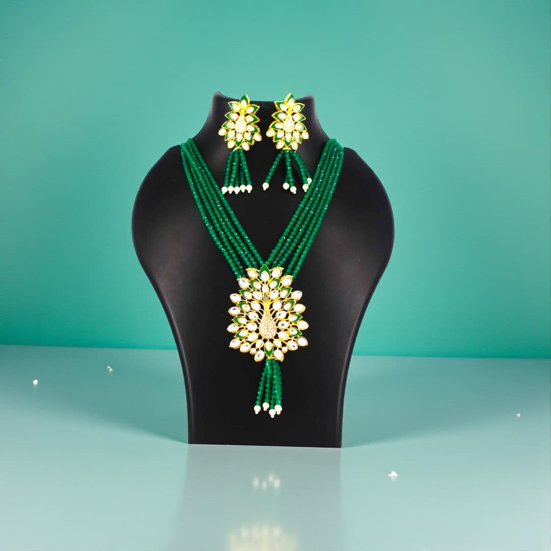 Emerald Blossom Kundan Beads Necklace Set - 4