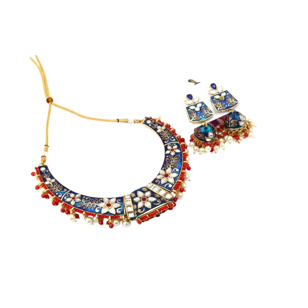 Royal Blue Meenakari Kundan Necklace & Earring Set - 3