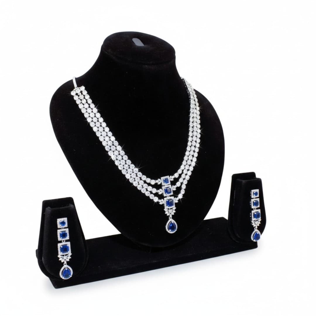 Azure Royalty: Three-Tier Diamond & Blue Sapphire Statement Set - 5