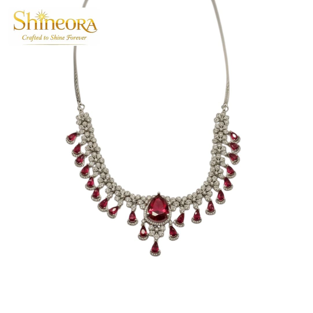 Crimson Elegance: Floral Diamond & Ruby Teardrop Necklace Set - 5