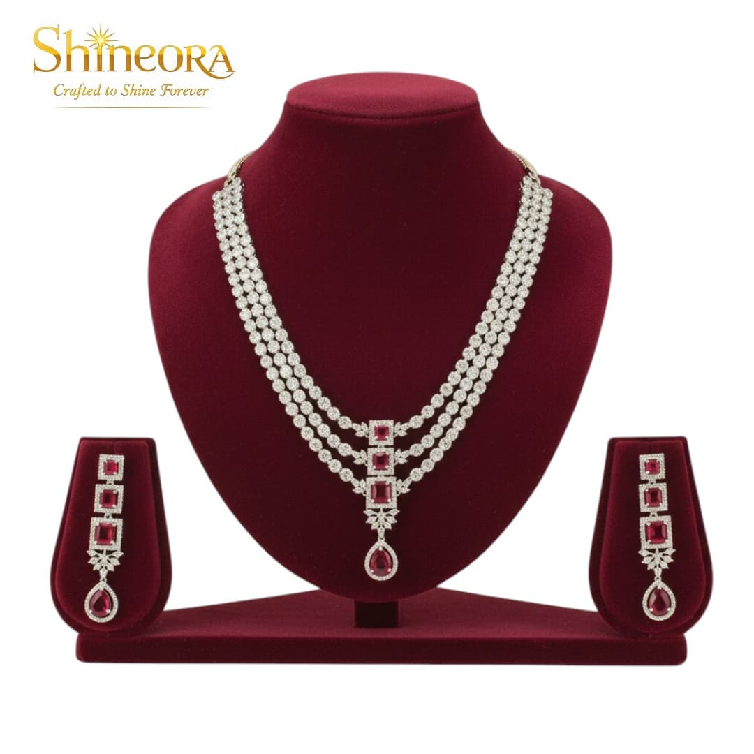 Ruby Royale: Heritage Three-Tier Diamond & Crimson Stone Necklace Set - 5