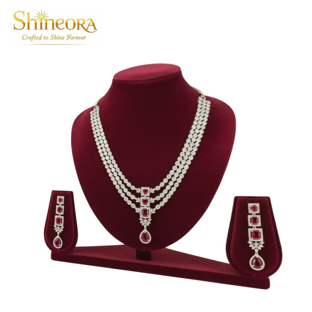 Ruby Royale: Heritage Three-Tier Diamond & Crimson Stone Necklace Set - 4
