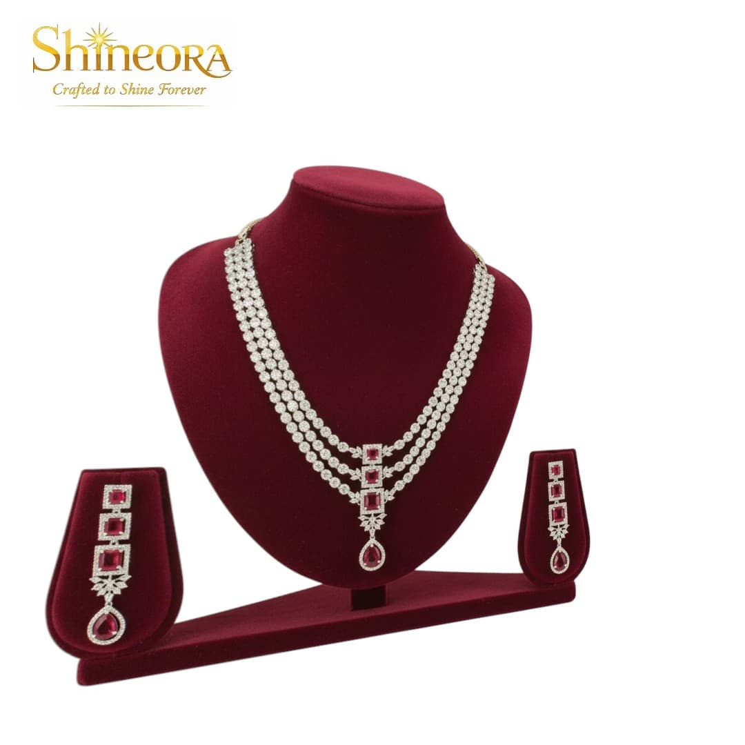 Ruby Royale: Heritage Three-Tier Diamond & Crimson Stone Necklace Set - 3