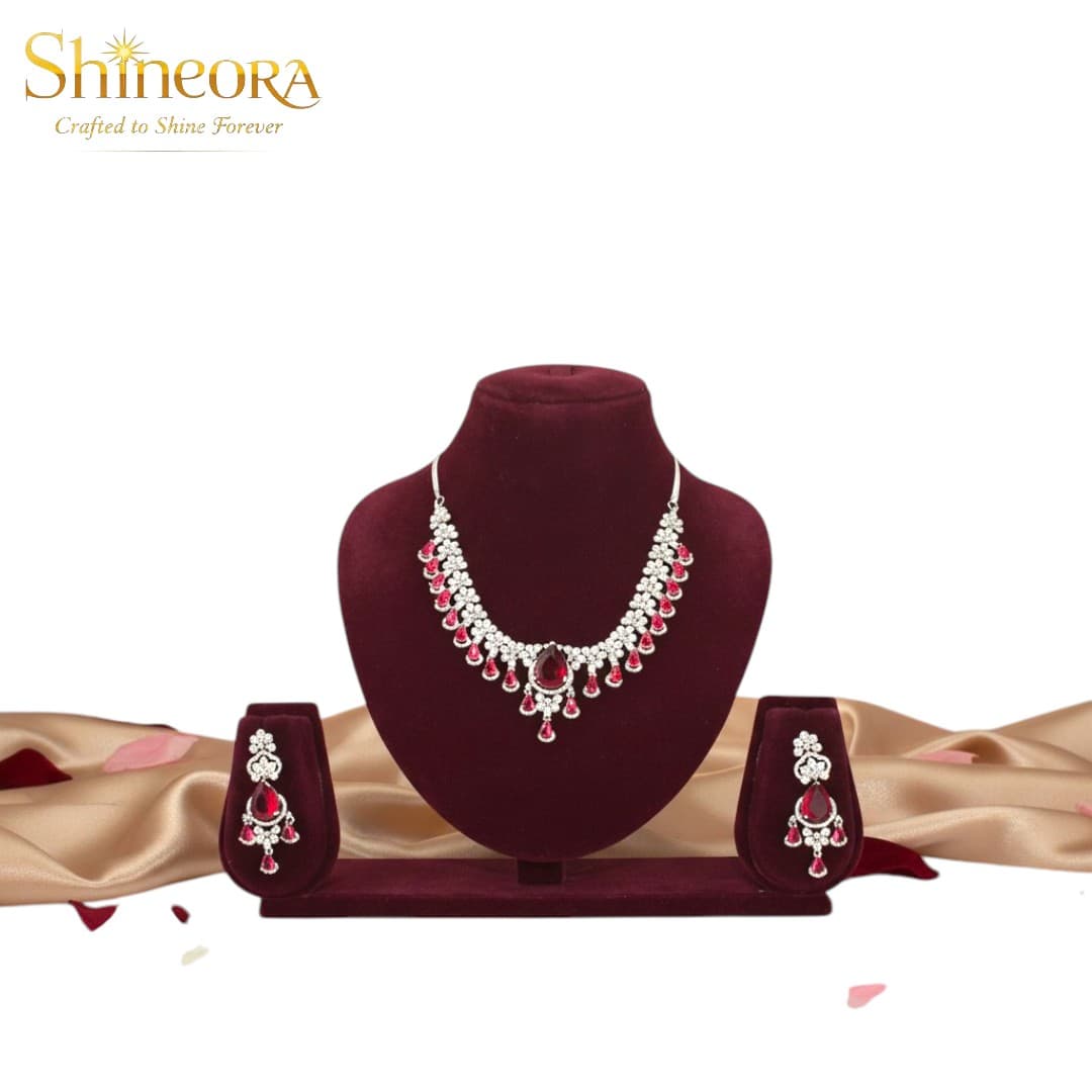 Crimson Elegance: Floral Diamond & Ruby Teardrop Necklace Set - 3