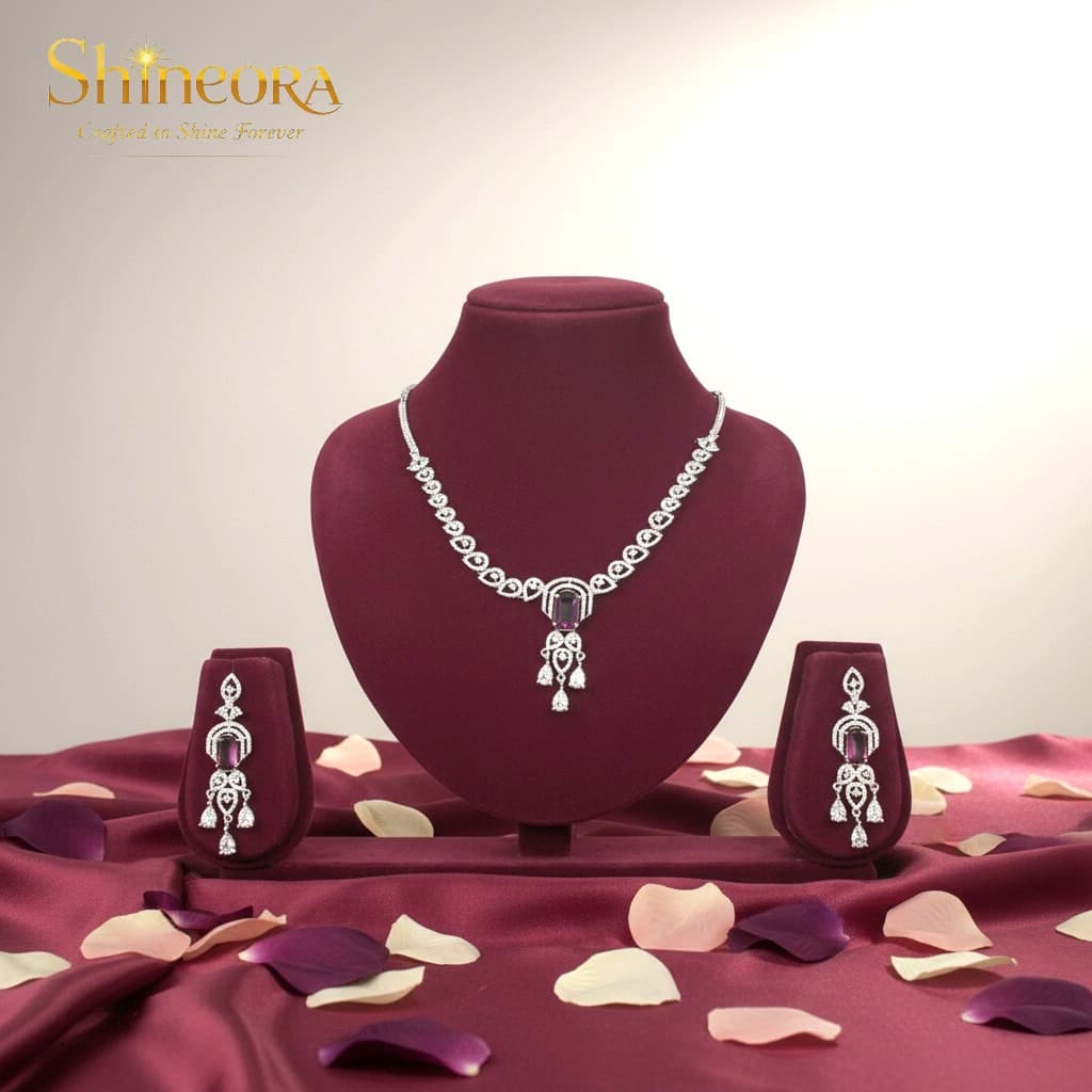 Amethyst Enchantment: Victorian-Inspired Diamond & Purple Stone Necklace Set - 6