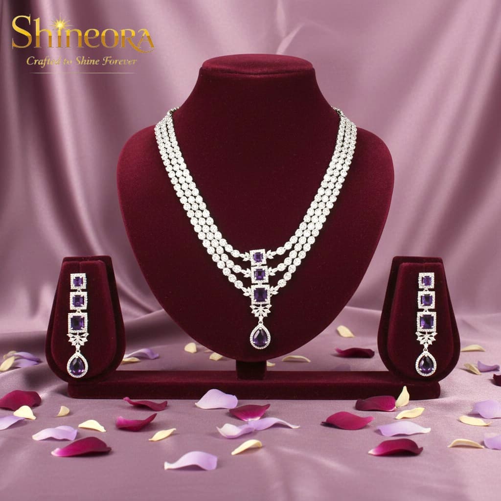 Amethyst Royalty: Triple-Tier Diamond & Purple Stone Necklace Set - 5