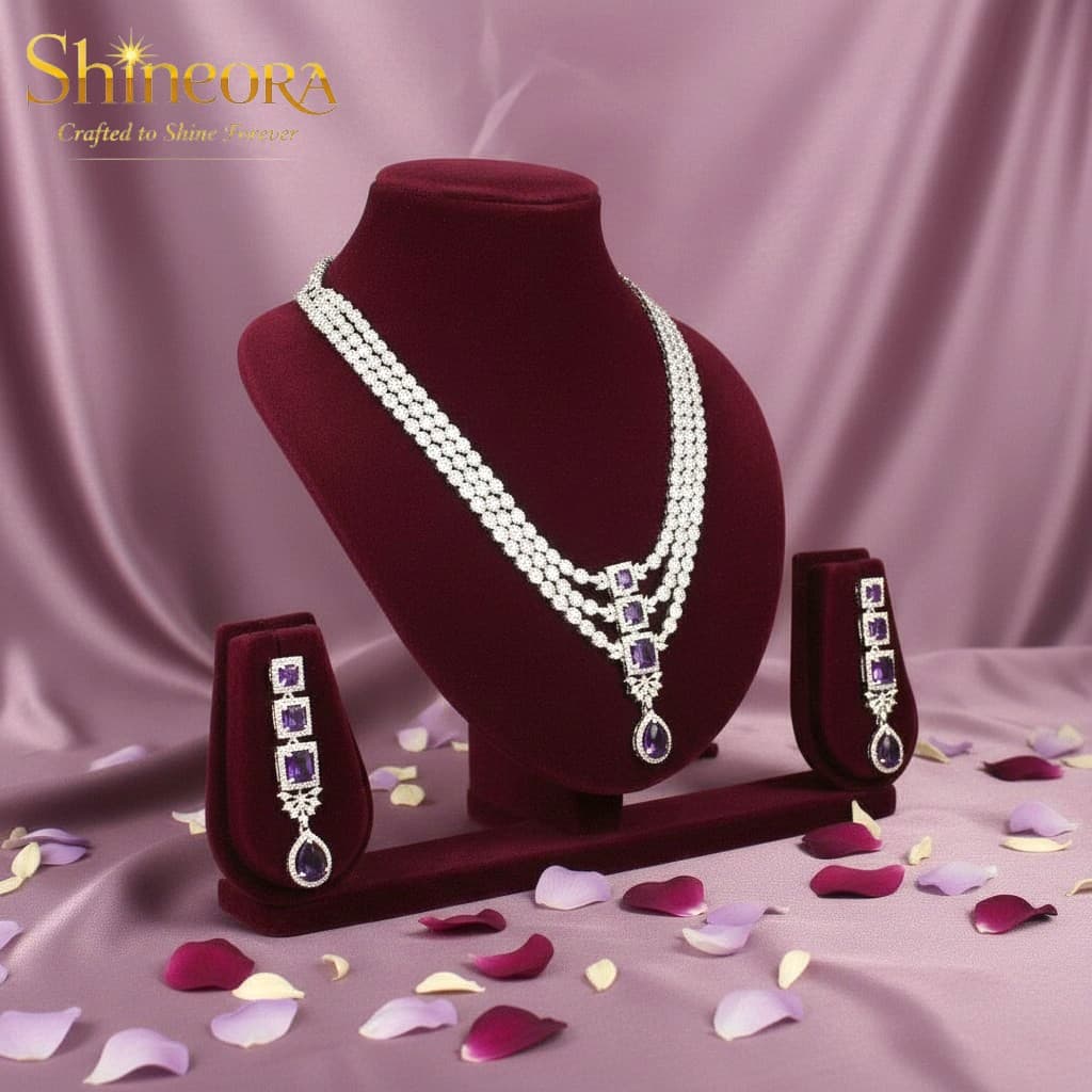 Amethyst Royalty: Triple-Tier Diamond & Purple Stone Necklace Set - 4