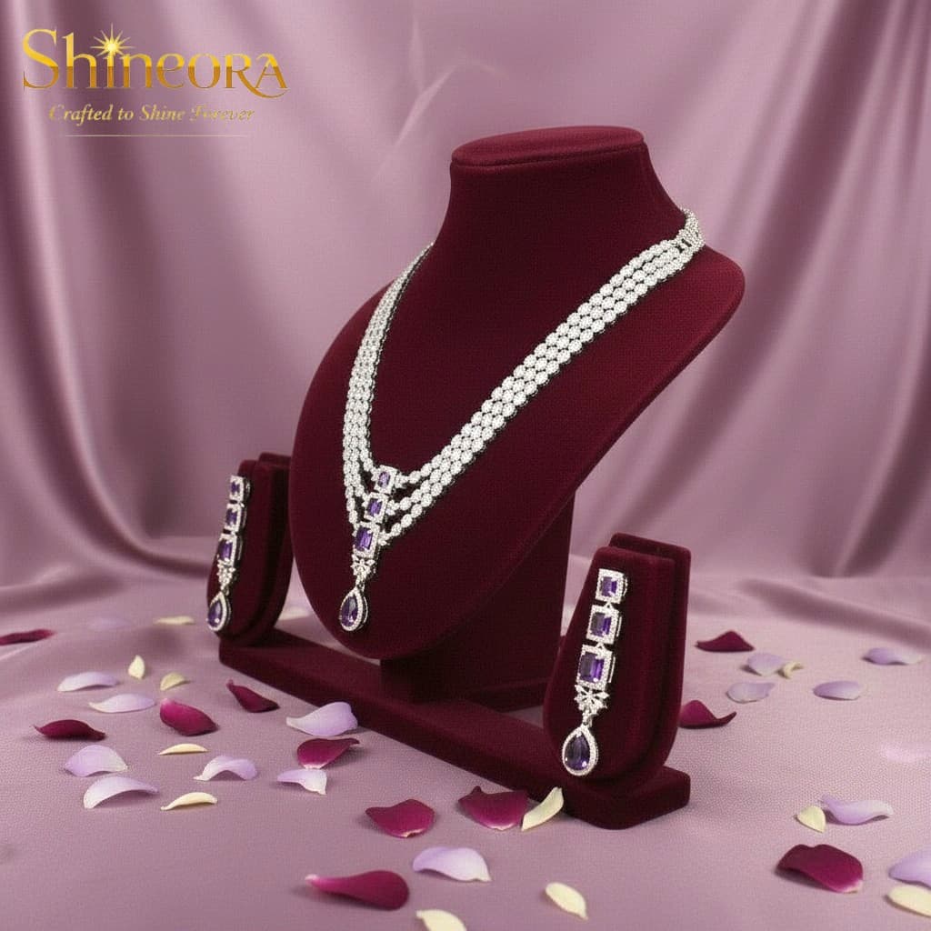 Amethyst Royalty: Triple-Tier Diamond & Purple Stone Necklace Set - 3