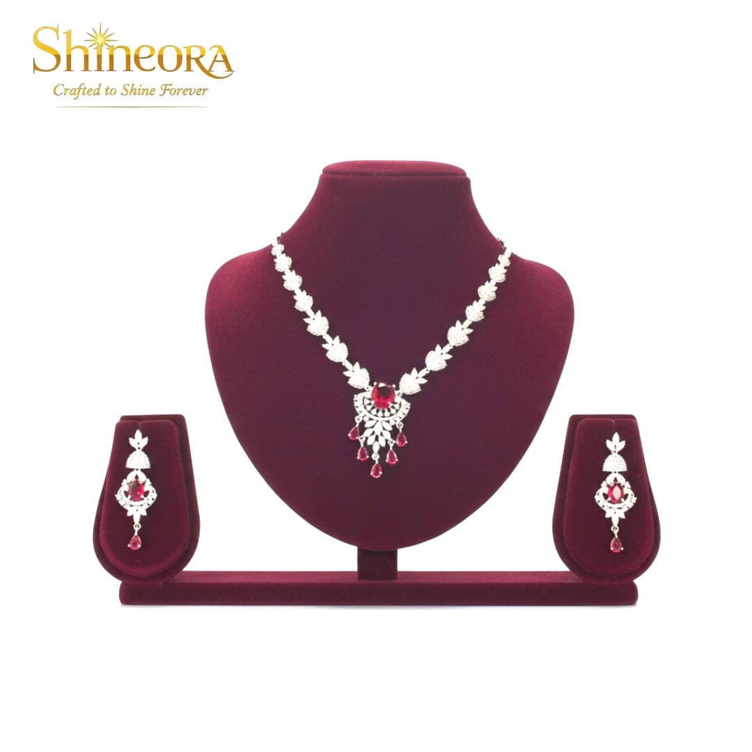 Ruby Radiance: Floral Diamond & Crimson Heart Necklace Set