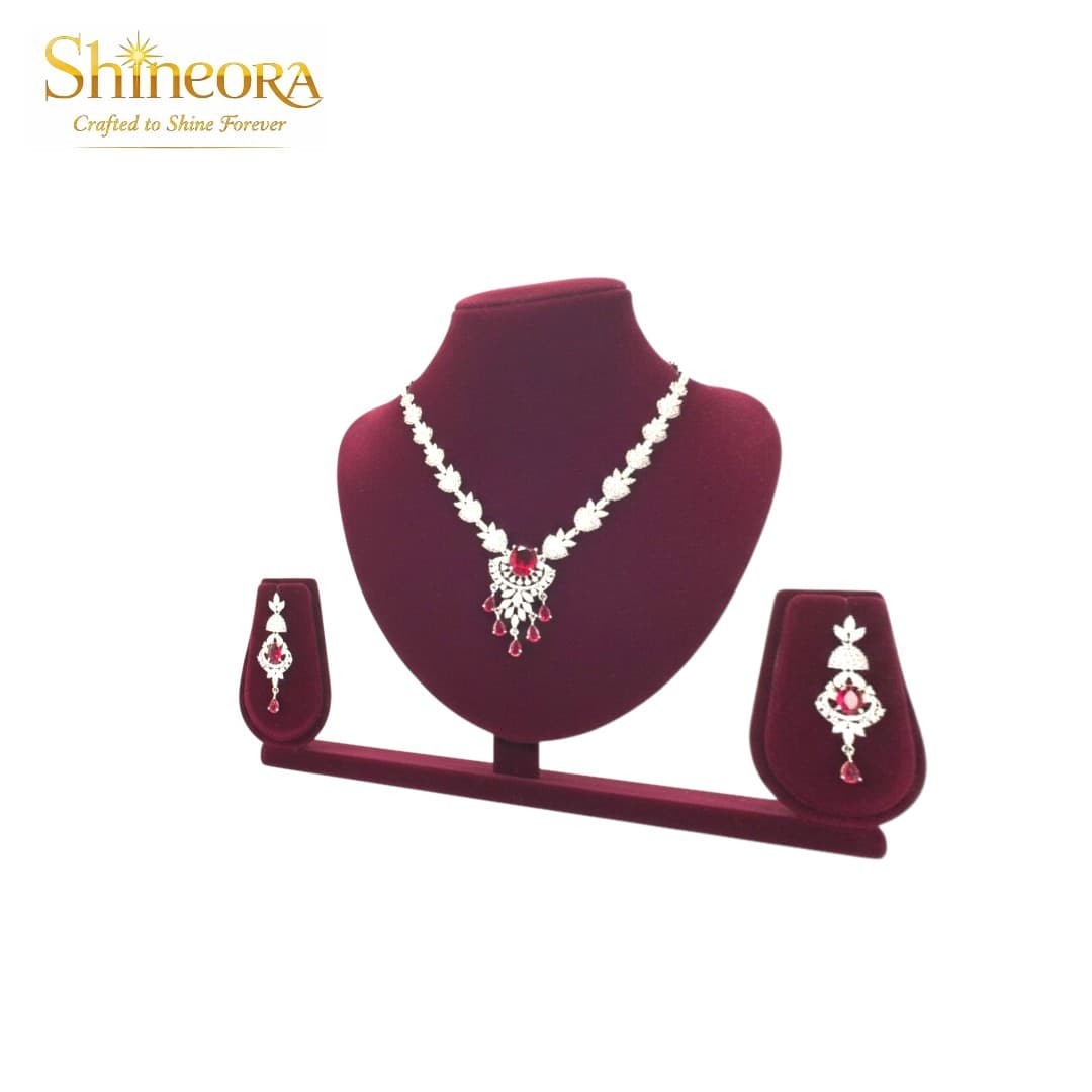 Ruby Radiance: Floral Diamond & Crimson Heart Necklace Set - 4