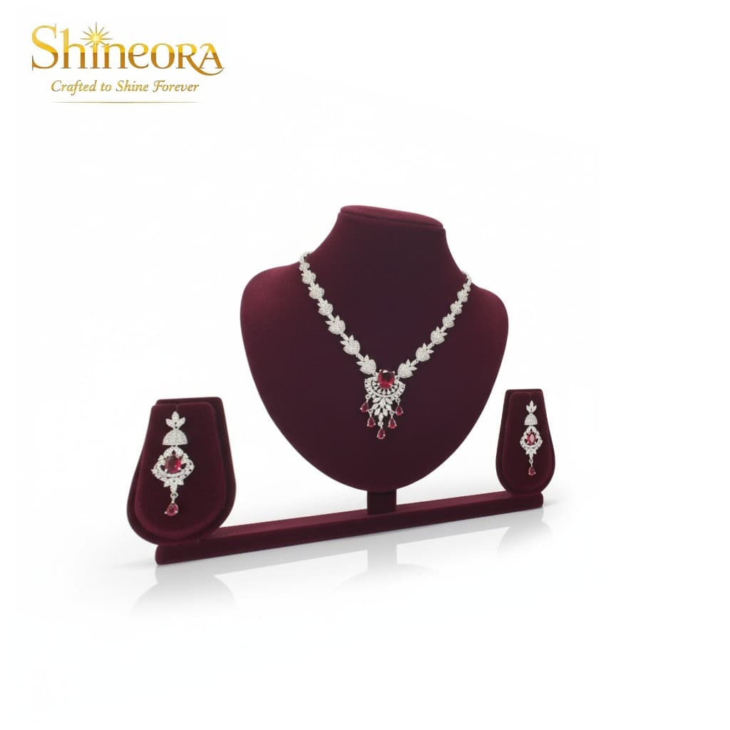 Ruby Radiance: Floral Diamond & Crimson Heart Necklace Set - 5