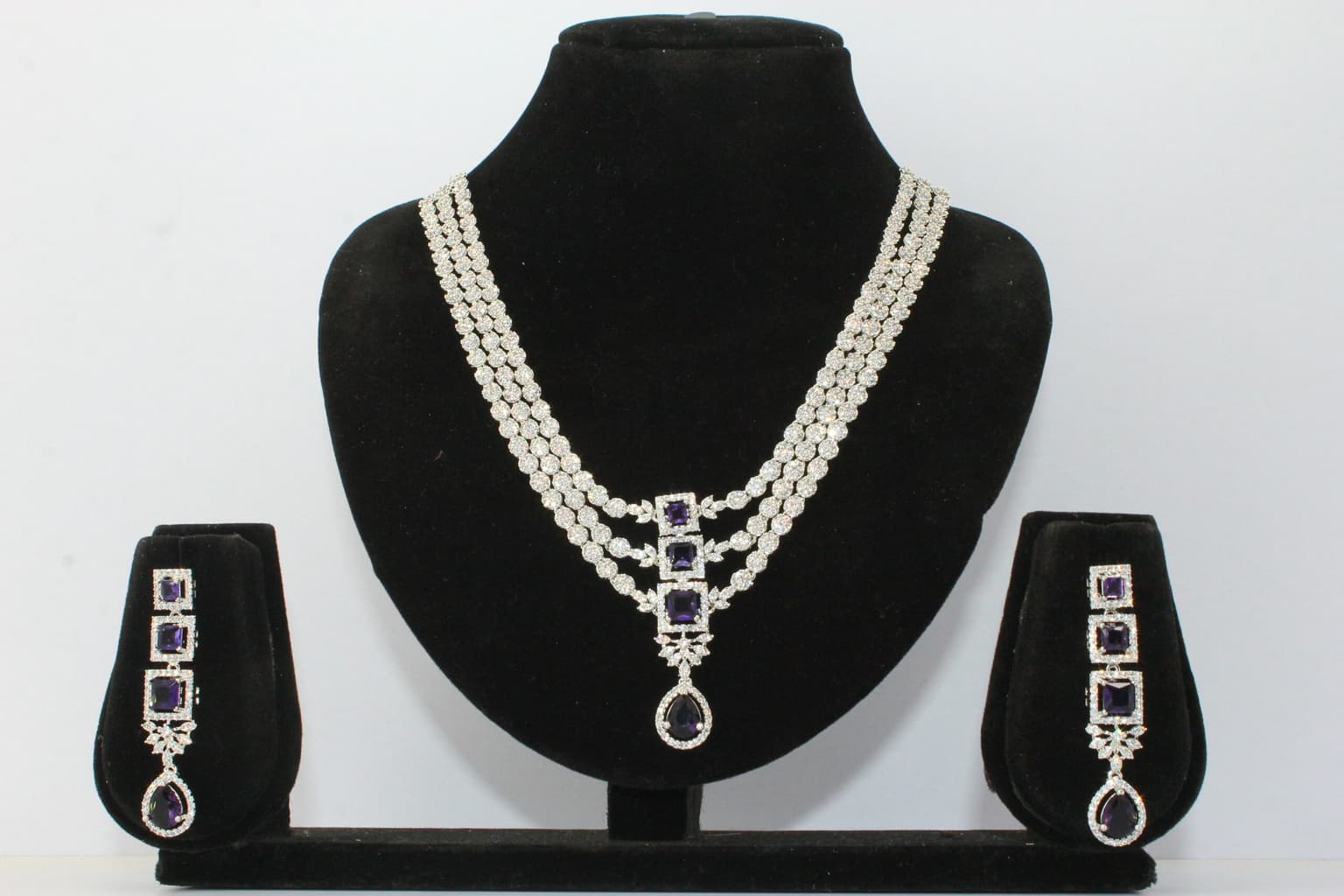 Amethyst Royalty: Triple-Tier Diamond & Purple Stone Necklace Set