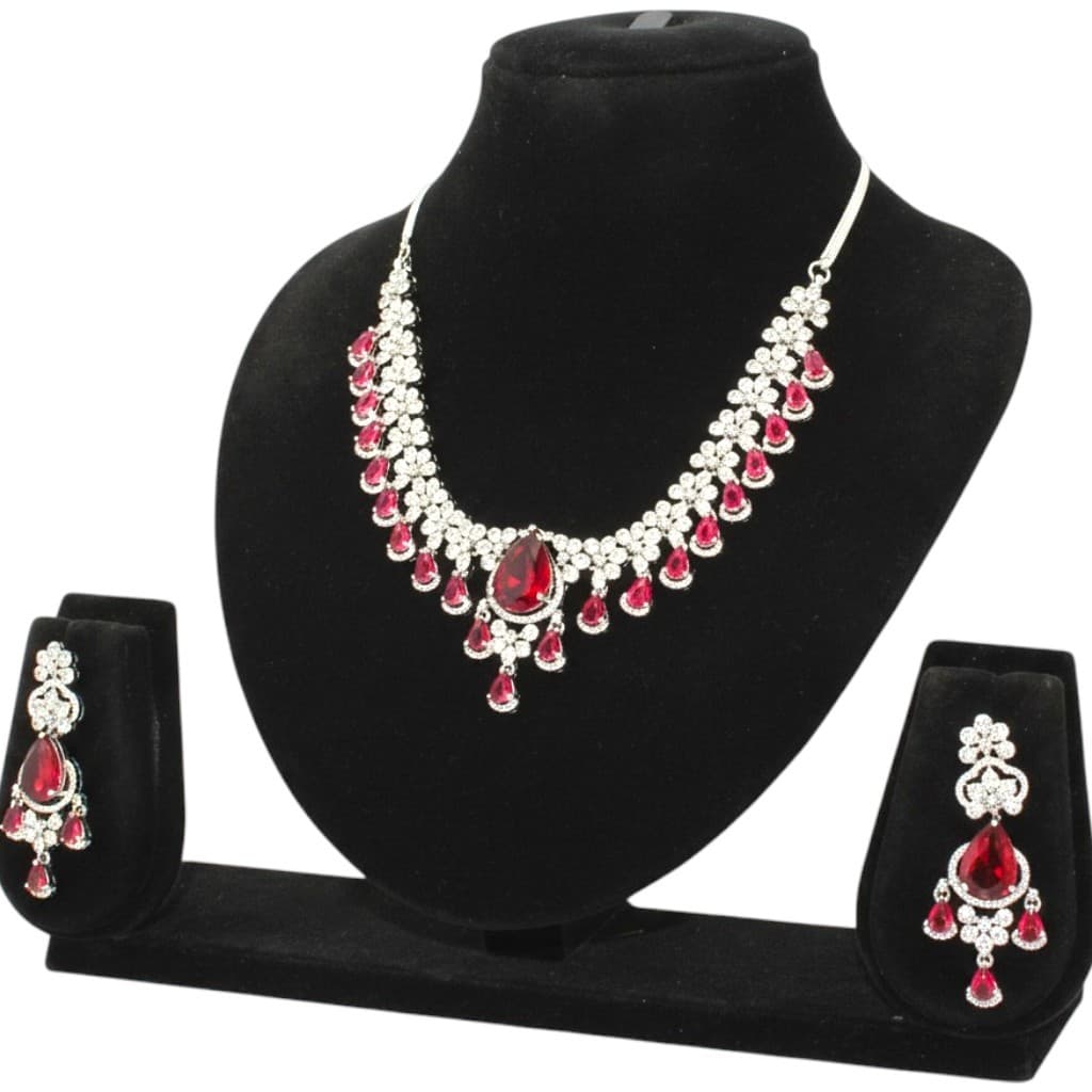 Crimson Elegance: Floral Diamond & Ruby Teardrop Necklace Set - 2