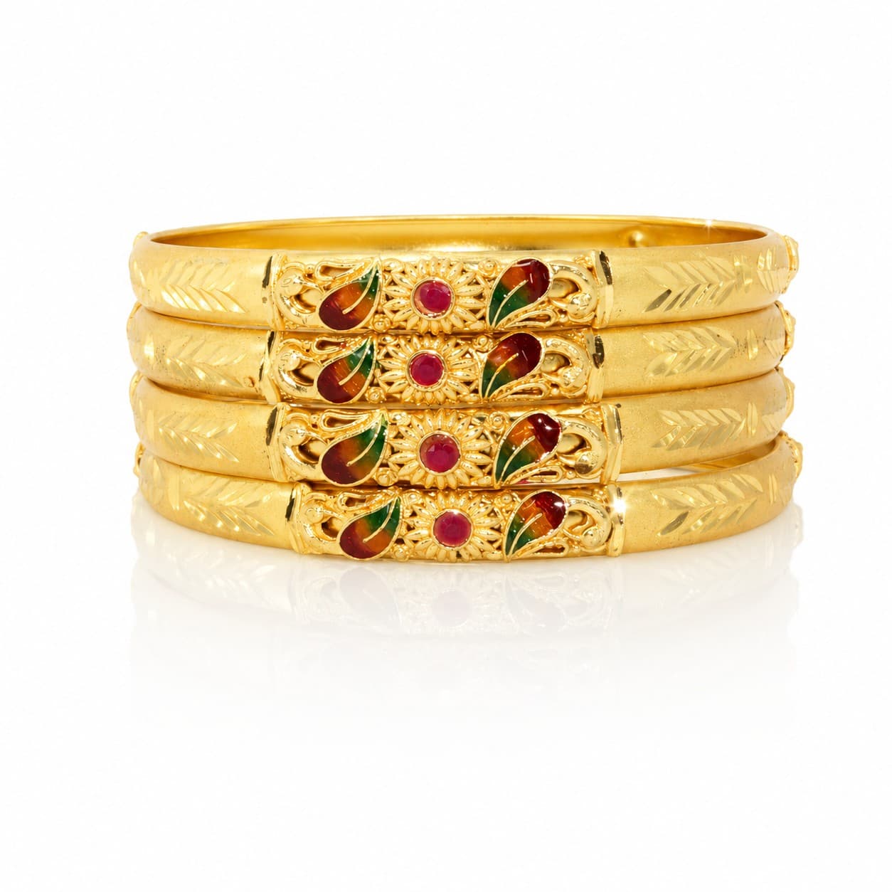 Shineora Women Gold-Plated Peacock Motif Enamel Detailed Traditional Bangles Set (Pack of 4) - 7