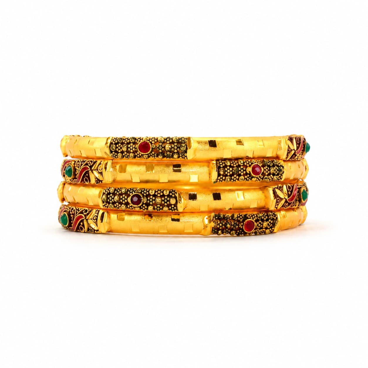 Shineora Women Gold-Plated Antique Enamel & Stone Detailed Traditional Bangles Set (Pack of 4) - 6