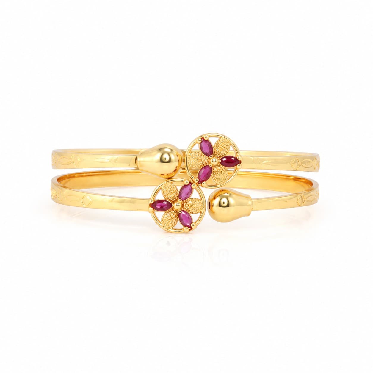 Shineora Premium Gold-Plated Floral Ruby Stone Designer Bangles Set for Women (Set of 2) - 6
