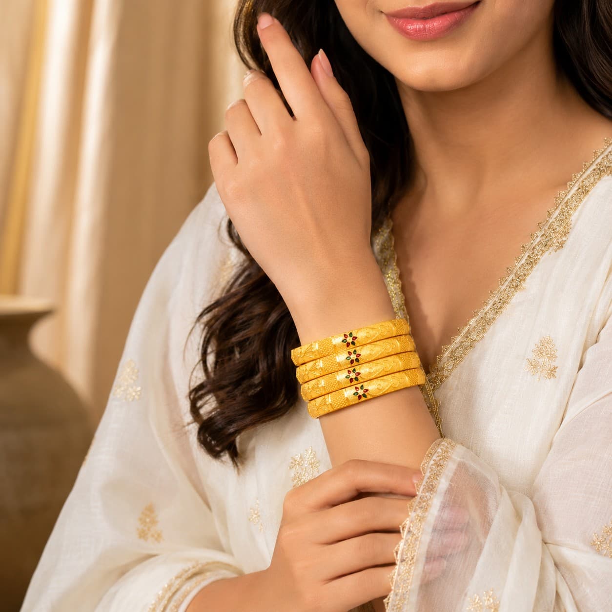 Shineora Women Gold-Plated Floral Enamel Detailed Traditional Bangles Set (Pack of 4)