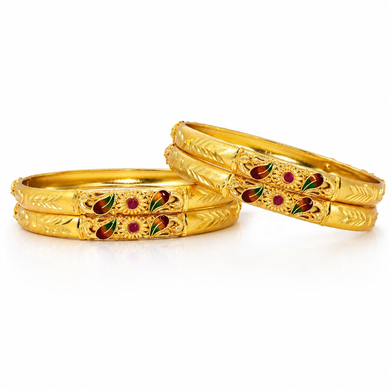 Shineora Women Gold-Plated Peacock Motif Enamel Detailed Traditional Bangles Set (Pack of 4) - 6