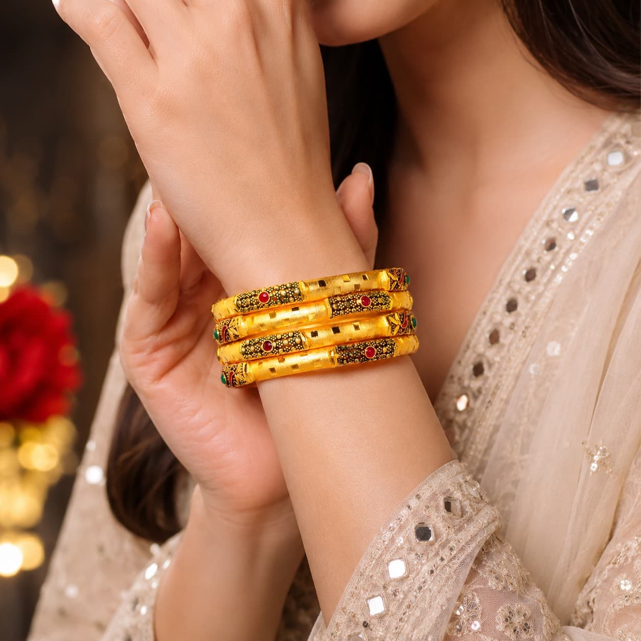 Shineora Women Gold-Plated Antique Enamel & Stone Detailed Traditional Bangles Set (Pack of 4)