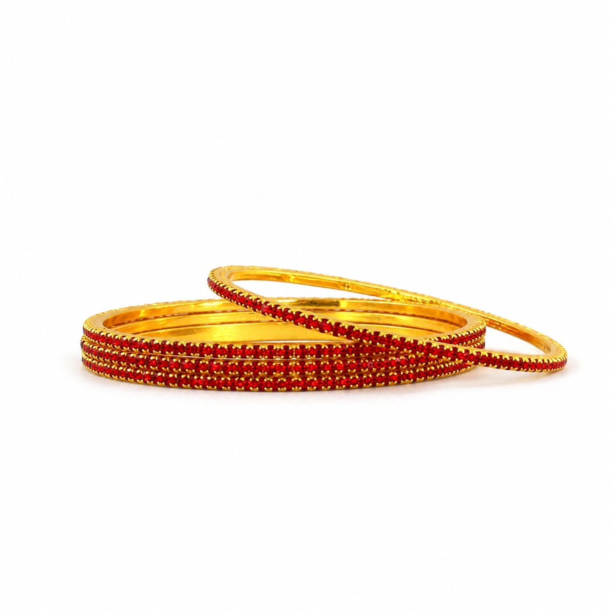 Shineora Women Gold-Plated Red Stone Embellished Slim Bangles Set (Pack of 4) - 4