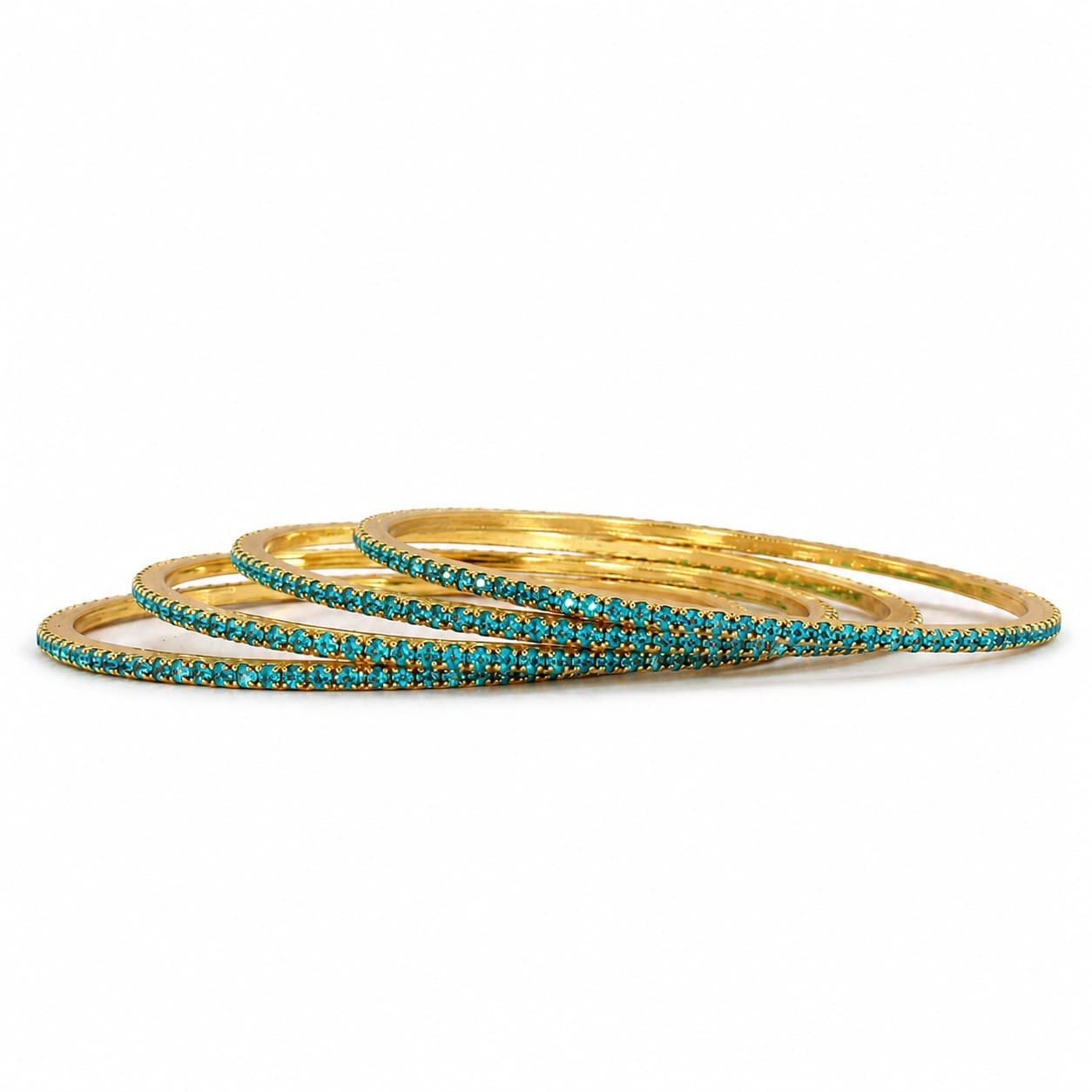 Shineora Women Gold-Plated Turquoise Stone Embellished Slim Bangles Set (Pack of 4) - 4