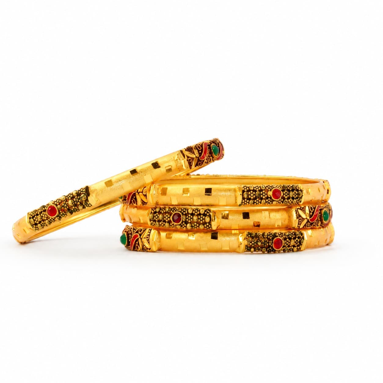 Shineora Women Gold-Plated Antique Enamel & Stone Detailed Traditional Bangles Set (Pack of 4) - 5