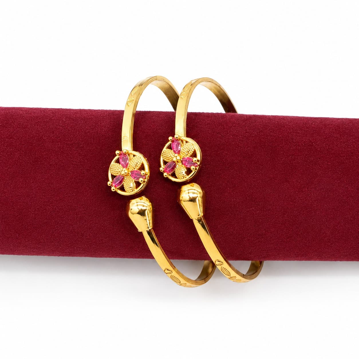 Shineora Premium Gold-Plated Floral Ruby Stone Designer Bangles Set for Women (Set of 2) - 4