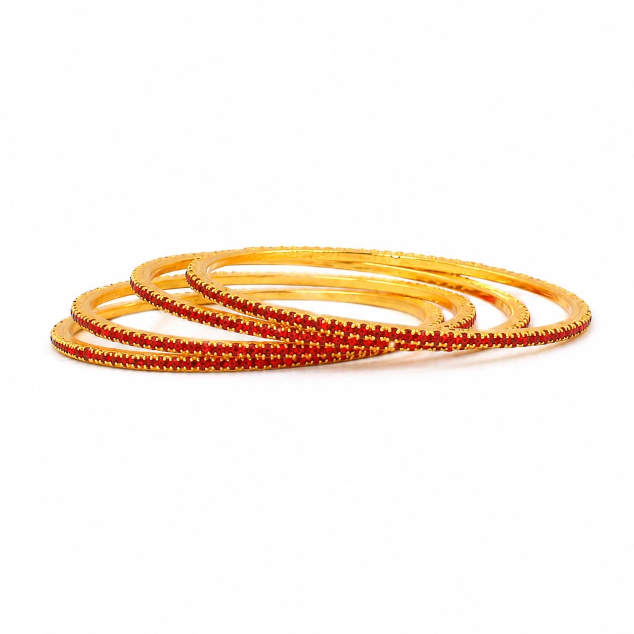 Shineora Women Gold-Plated Red Stone Embellished Slim Bangles Set (Pack of 4) - 5