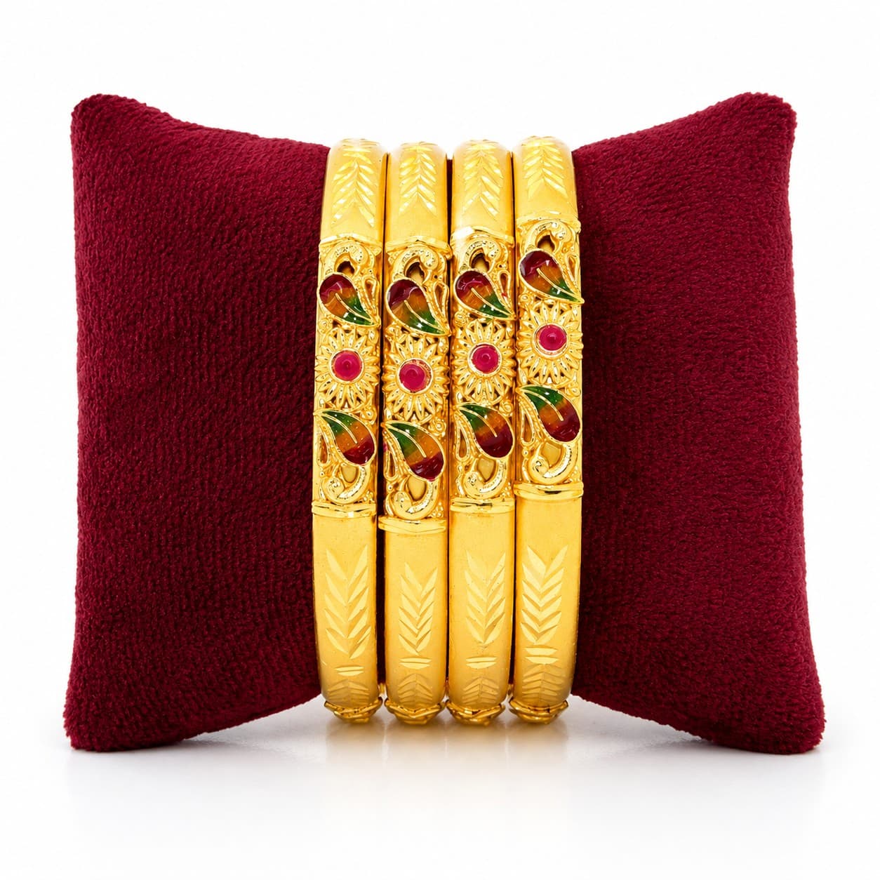 Shineora Women Gold-Plated Peacock Motif Enamel Detailed Traditional Bangles Set (Pack of 4) - 4