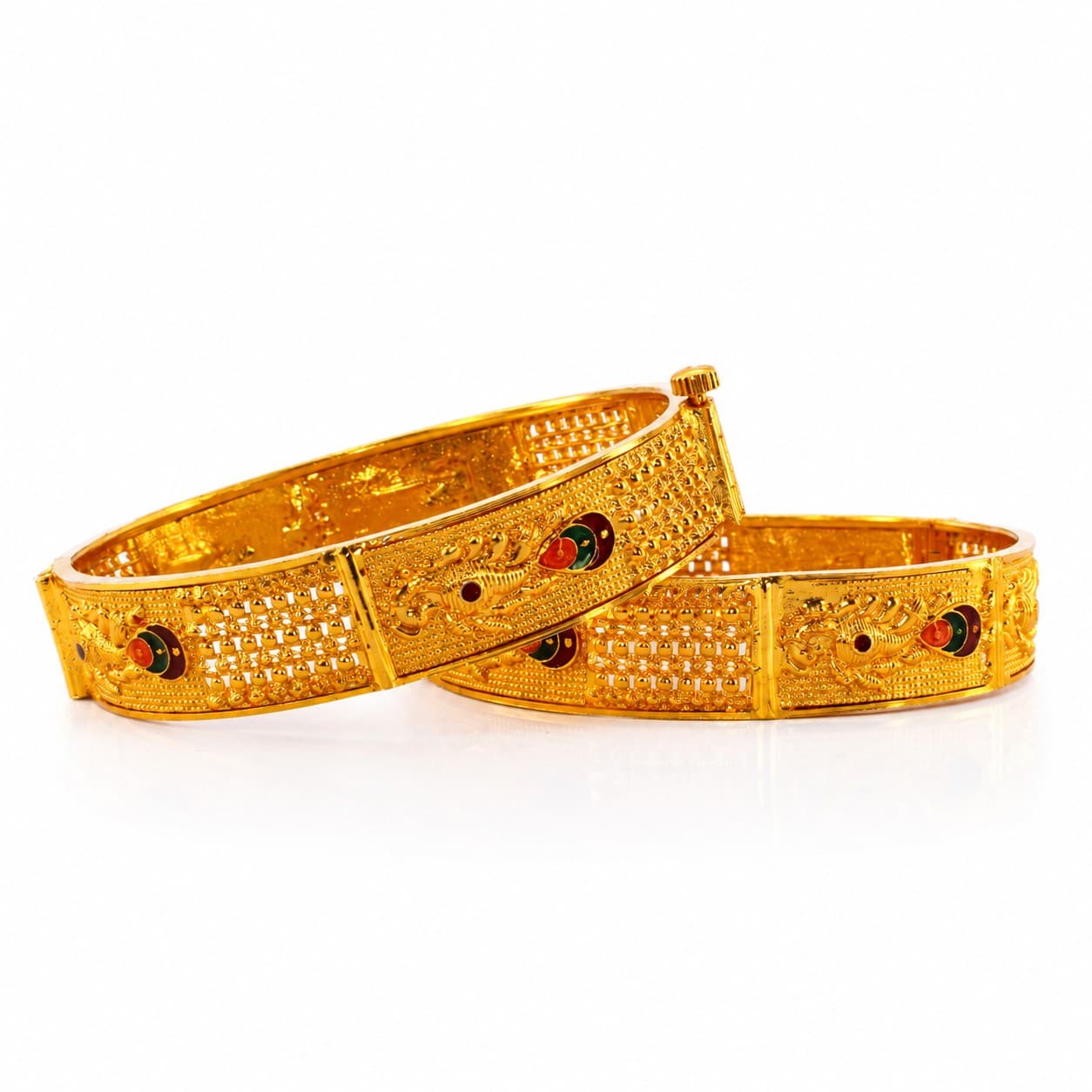 Shineora Women Gold-Plated Peacock Motif Traditional Kada Set (Pack of 2) - 3