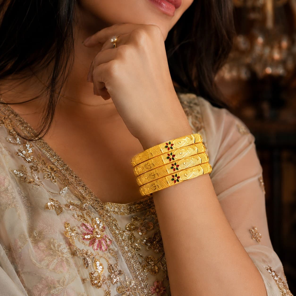 Shineora Women Gold-Plated Floral Enamel Detailed Traditional Bangles Set (Pack of 4)