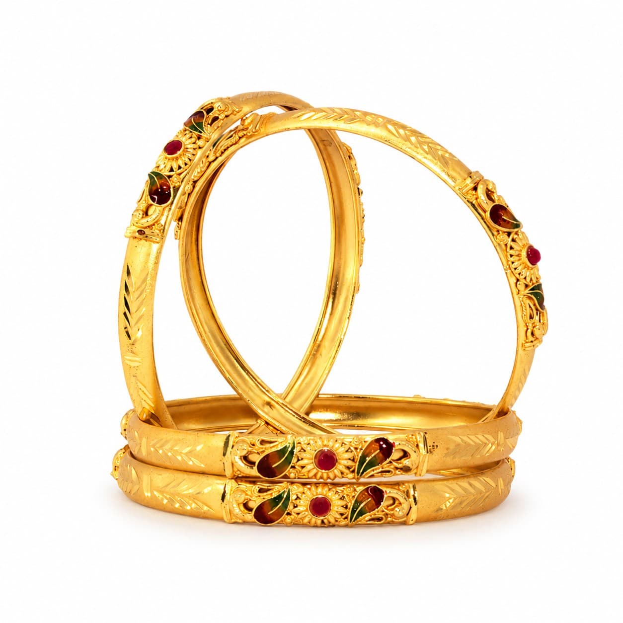 Shineora Women Gold-Plated Peacock Motif Enamel Detailed Traditional Bangles Set (Pack of 4) - 3
