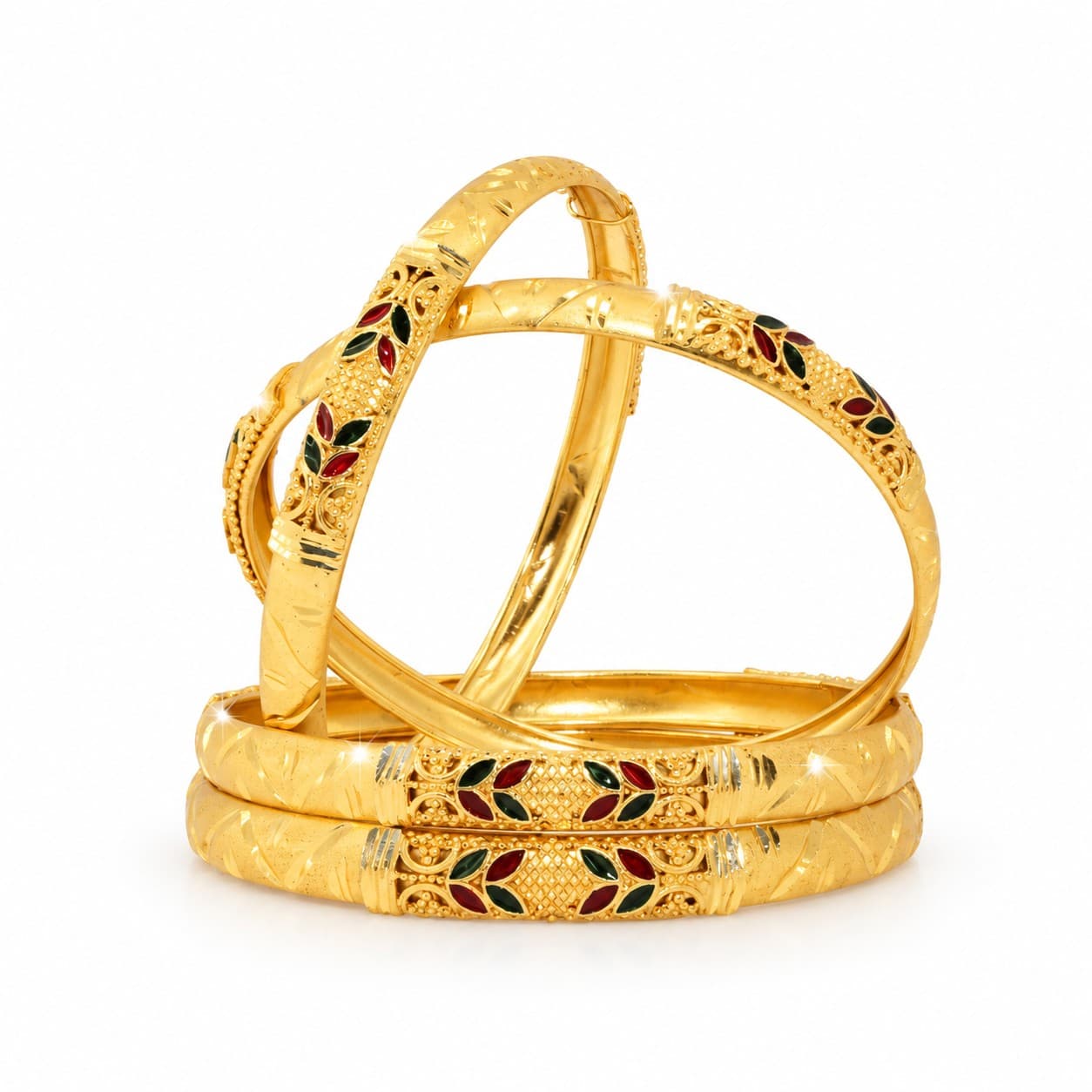 Shineora Women Gold-Plated Enamel Detailed Traditional Bangles Set (Pack of 4)
