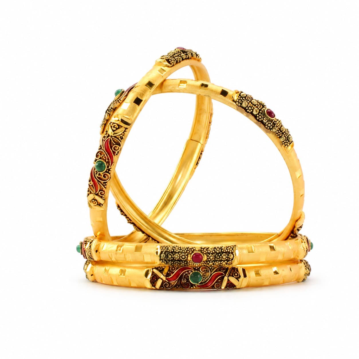 Shineora Women Gold-Plated Antique Enamel & Stone Detailed Traditional Bangles Set (Pack of 4) - 3