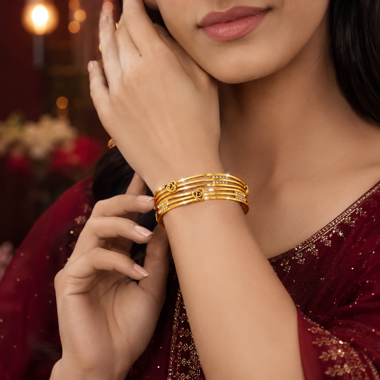 Shineora Women Gold-Plated CZ Studded Open Kada Bracelet Set (Pack of 2)