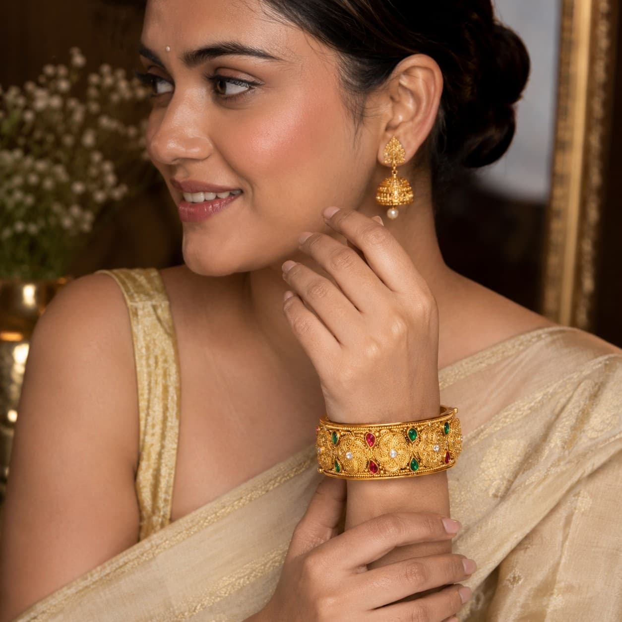 Shineora Women Gold-Plated Temple Floral Designer Kada set of 2
