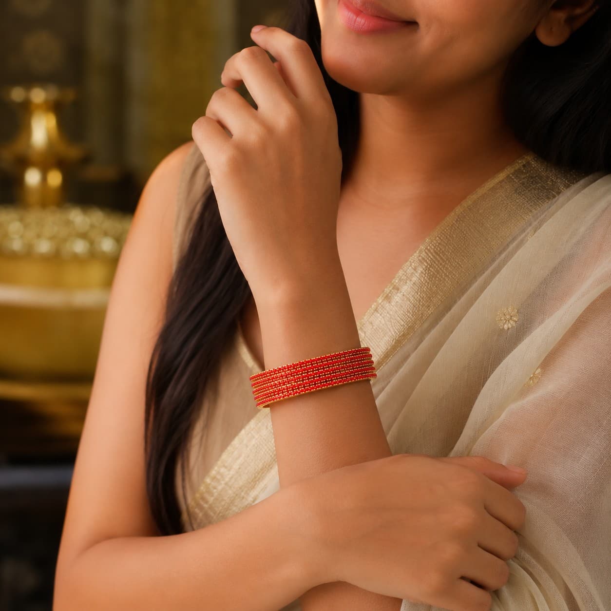 Shineora Women Gold-Plated Red Stone Embellished Slim Bangles Set (Pack of 4)