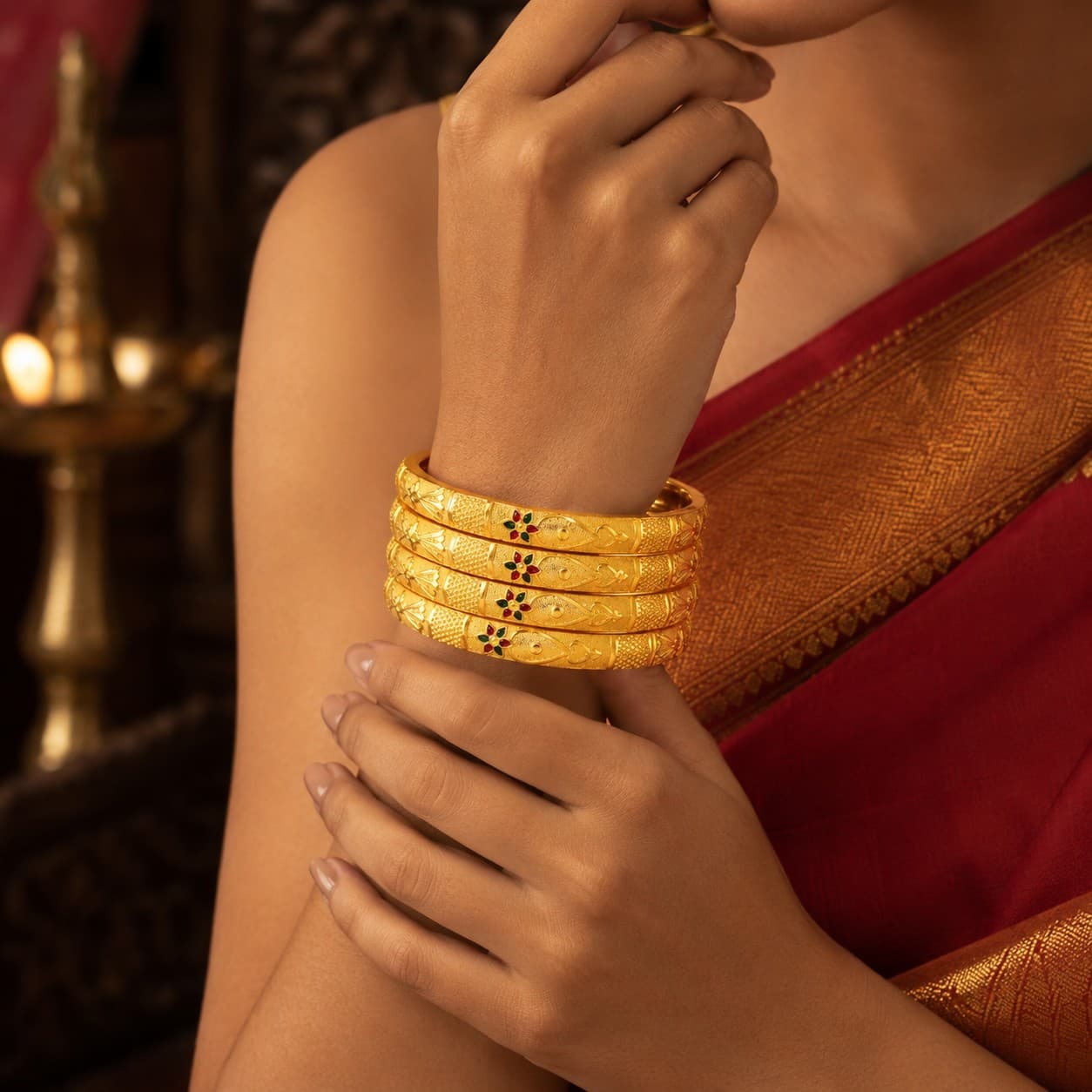 Shineora Women Gold-Plated Floral Enamel Detailed Traditional Bangles Set (Pack of 4) - 3