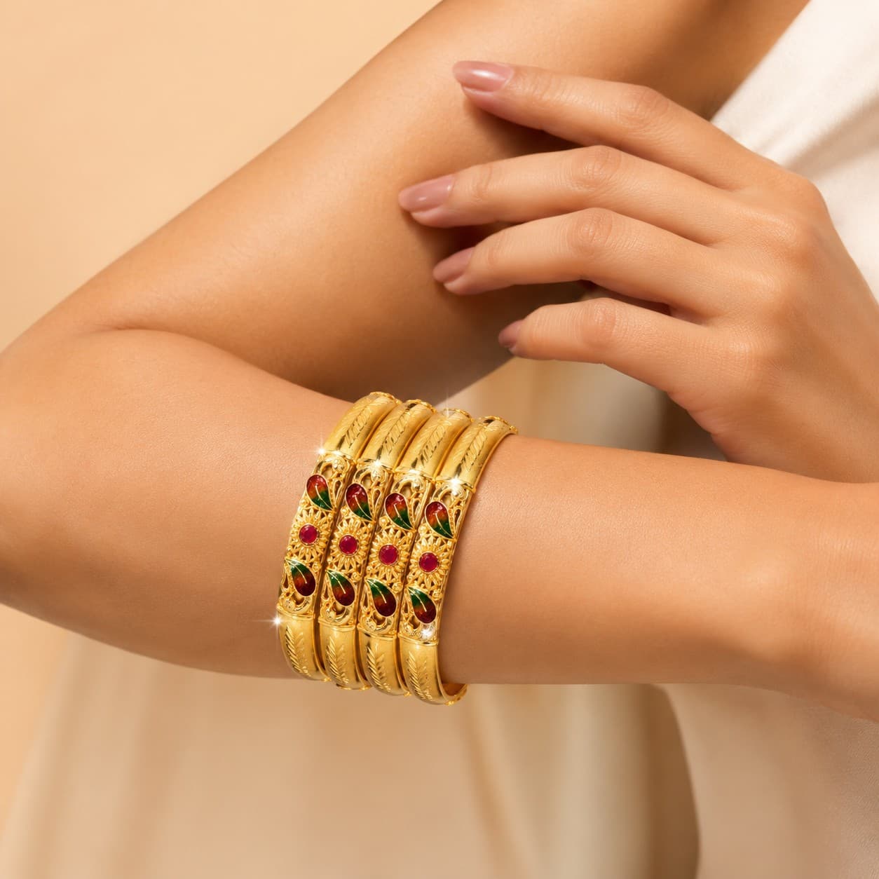 Shineora Women Gold-Plated Peacock Motif Enamel Detailed Traditional Bangles Set (Pack of 4)