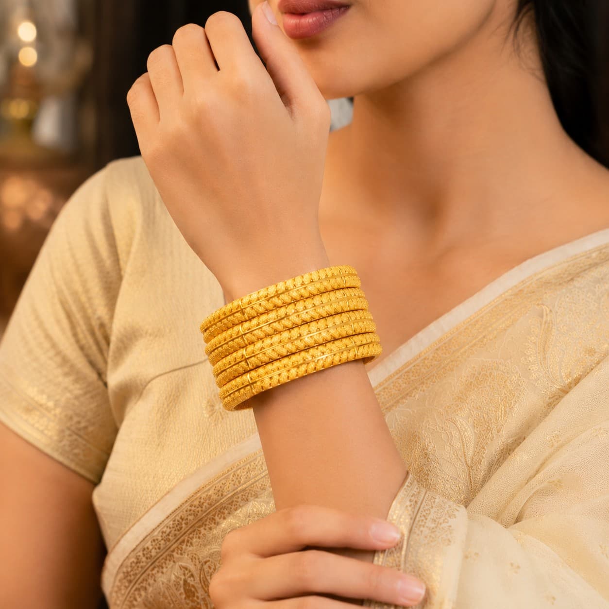 Shineora Women Gold-Plated Textured Traditional Bangles Set (Pack of 4)
